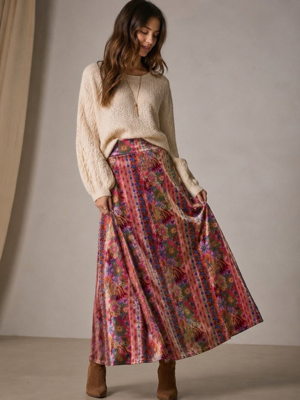 Natural Life Womens Maxi Skirt Sz Small Floral Stretch Crushed Velvet Boho